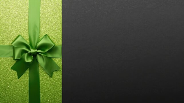 A lime green glitter texture, wrapped with a solid green ribbon and bow, occupies the left side of a dark, distressed, textured background.