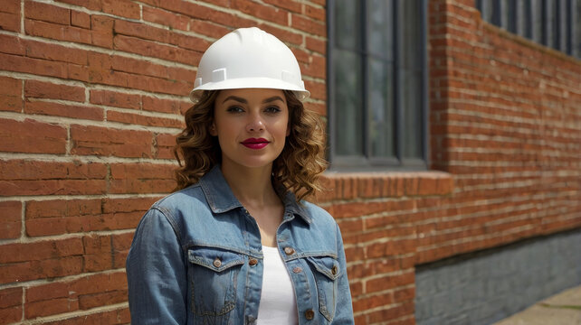 A smiling woman in a hard hat stands near a brick wall, looking at the camera.