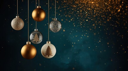 Hanging Teal and Gold Ornaments. Four Christmas ornaments (two gold, one clear, one white with a gold tree decal) suspended by strings against a dark teal background with heavy golden bokeh and glitte