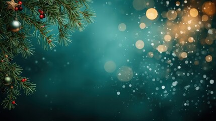 Moody Teal Christmas Bokeh. A dark teal background with prominent golden and white bokeh lights and floating particles, framed on the upper left by pine boughs decorated with small sage green baubles 