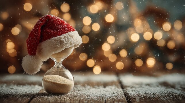 Hourglass with santa hat counting down to christmas on a wooden surface with snow and bokeh lights in the background