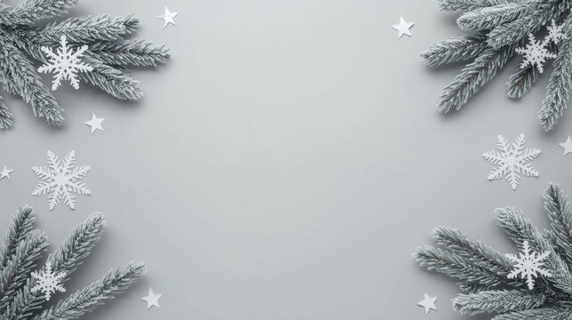 Minimalist Snowy Frame. A clean, grey/white background bordered by frosted or snow-covered pine branches in the corners, accented with delicate white snowflake cutouts, creating a simple, icy winter f