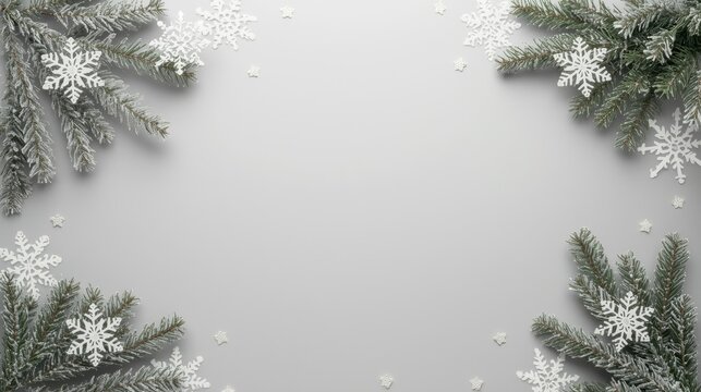 Minimalist Snowy Frame. A clean, grey/white background bordered by frosted or snow-covered pine branches in the corners, accented with delicate white snowflake cutouts, creating a simple, icy winter f