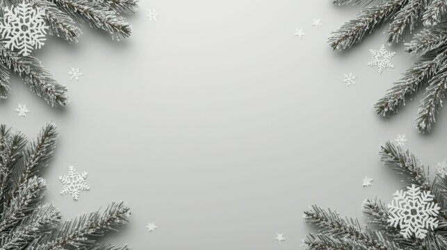 Minimalist Snowy Frame. A clean, grey/white background bordered by frosted or snow-covered pine branches in the corners, accented with delicate white snowflake cutouts, creating a simple, icy winter f - Powered by Adobe