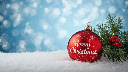 Snowy Ornament Greeting. A single red Christmas bauble with "Merry Christmas" text sits in fresh snow next to a small pine branch, set against a bright, icy blue background filled with defocused bokeh
