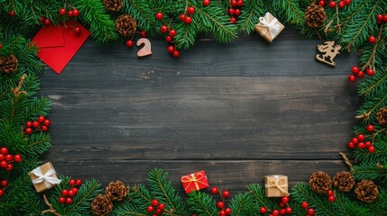 Rustic Christmas Wreath Frame. A flat lay image featuring a dark, rustic wooden background framed by an oval border of evergreen branches, red berries, and scattered small elements like pine cones, ti