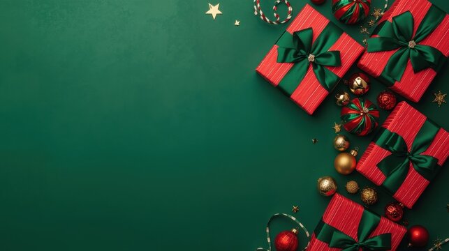 Red and Green Gift Flat Lay. A vibrant Christmas flat lay on a dark emerald green background, featuring a collection of red striped gifts tied with deep green ribbons, mixed with red and gold ornament