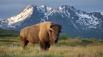 Bison in Field with Mountain Backdrop