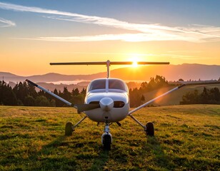 Small Airplane Landing at Sunrise.