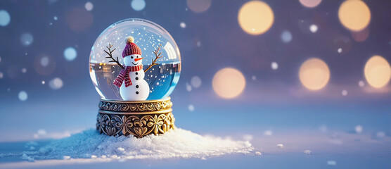 Winter Wonderland in Miniature: A charming snow globe, with a cheerful snowman, evokes the magic of a snowy winter landscape and joyful feelings.