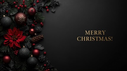 Dark and Elegant Christmas Banner. A luxurious black background featuring a vertical border of dark pine boughs, red poinsettias, deep red berries, and black and red ornaments, with golden "MERRY CHRI