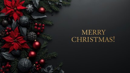 Dark and Elegant Christmas Banner. A luxurious black background featuring a vertical border of dark pine boughs, red poinsettias, deep red berries, and black and red ornaments, with golden "MERRY CHRI
