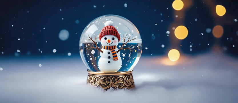 Winter's Whisper: A charming snowman figurine encased in a snow globe, capturing the magic of winter against a soft, dreamy backdrop. 