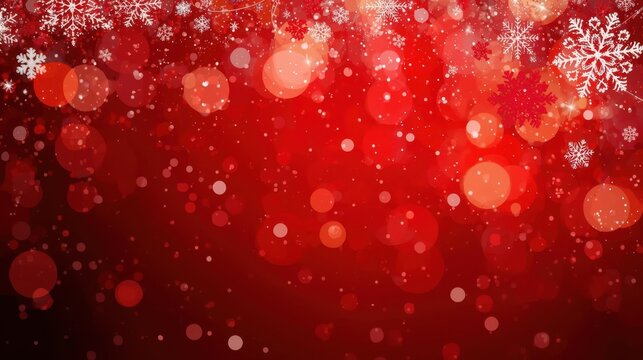 Vibrant Red Snowflake Background. An intense, abstract red background dominated by bright bokeh light circles and subtle snow particles, with white, stylized snowflakes suspended from the top edge.