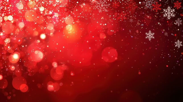 Vibrant Red Snowflake Background. An intense, abstract red background dominated by bright bokeh light circles and subtle snow particles, with white, stylized snowflakes suspended from the top edge.