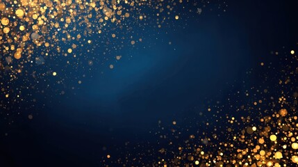 Luxury Particle Background. A deep blue, dark backdrop centrally illuminated with golden, shimmering light particles and bokeh effects radiating from the corners, creating a glamorous, abstract frame.