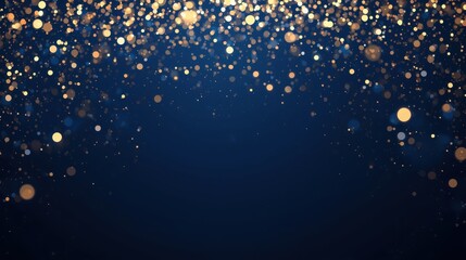 Luxury Particle Background. A deep blue, dark backdrop centrally illuminated with golden, shimmering light particles and bokeh effects radiating from the corners, creating a glamorous, abstract frame.