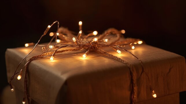 Gift with Fairy Lights. A close-up shot of a wrapped present in brown kraft paper, tied with twine, and illuminated by small, warm-toned LED string lights focused on the bow and the package top, again