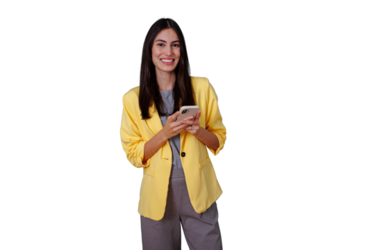 Smiling woman holding smartphone, sending text, using an app, or browsing social media, with transparent background