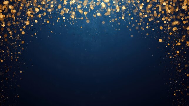 Luxury Particle Background. A deep blue, dark backdrop centrally illuminated with golden, shimmering light particles and bokeh effects radiating from the corners, creating a glamorous, abstract frame.