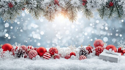 Festive Winter Background. A snowy surface holding red and white Christmas ornaments, pine cones, and a gift box, framed by frosted pine boughs, set against a bright, bokeh-filled blue backdrop.