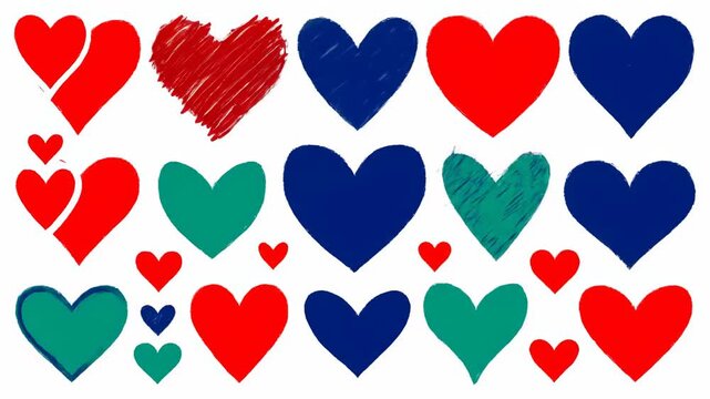 Heart pattern in red, blue, and green with sketch style on a white background