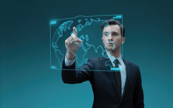 Man interacting with a futuristic holographic world map on a touch screen interface