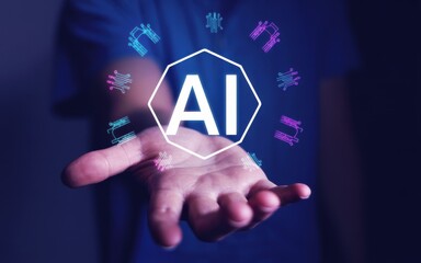 Artificial Intelligence concept with icons floating over an open hand