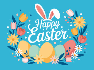A vibrant Easter-themed illustration featuring colorful eggs, flowers, and bunny ears, perfect for celebrating the joyful Easter holiday with colorful decorations.