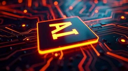 Futuristic glowing AI processor chip animation with orange neon circuit board, digital technology background, artificial intelligence data flow, modern cyber innovation and virtual tech motion - Powered by Adobe
