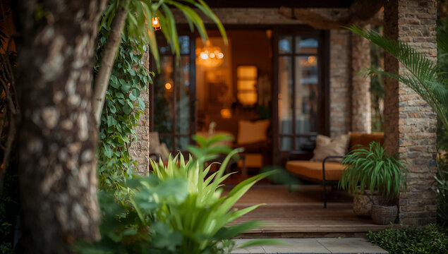 Cozy outdoor patio with lush greenery and inviting interior space