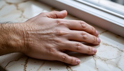 Close-Up of a Human Hand Resting on a Polished Marble Surface Next to a Window