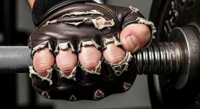 A weightlifter's grip shows the toll of hard work, His weathered hand tightly clutches the barbell, strength and determination conveyed