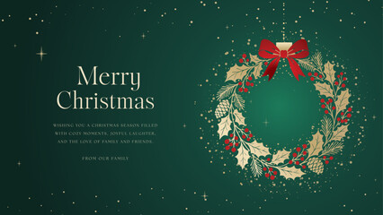 Elegant Christmas banner featuring a golden wreath with holly leaves, pinecones, and red bow on a dark green background. Perfect for luxury holiday greetings, website headers, or festive event promoti