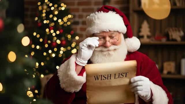 Santa Claus reading a long Christmas wish list. A smiling Father Christmas checks his list in a cozy festive room. Holiday tradition and gift-giving concept