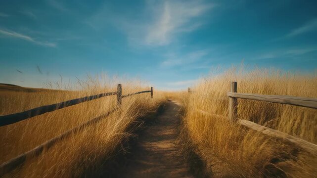 Rustic wooden fence path through golden dry grass field under vast blue sky with wispy clouds serene rural landscape journey exploration