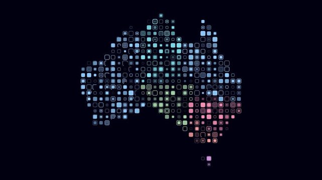 Australia map animation. Shape of the country with pulsating colored dots. Large size rounded square blocks. Digital style Australia map on dark background. Creative video. - Powered by Adobe