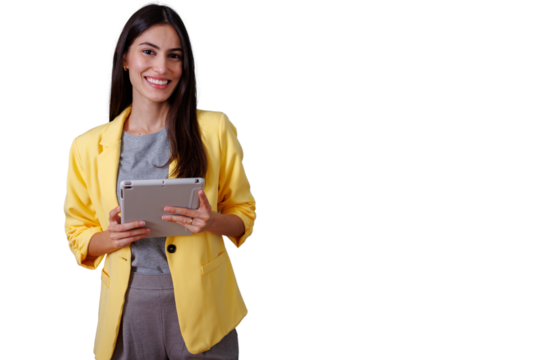 Smiling young businesswoman using digital tablet, a professional executive showing technology and innovation concept