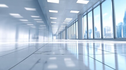 Modern Office Building with Large Windows and Shiny Marble Floor Reflects Cityscape Vista