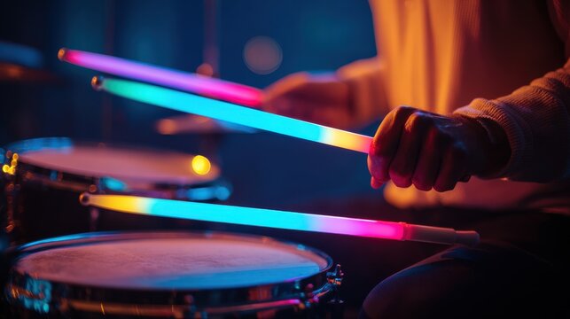 Drummer Holding Light-Up Drumsticks Over Drums