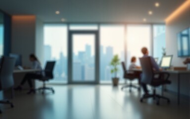 Blurred office interior with door modern workspace professional environment soft lighting focus. High quality