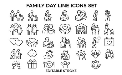 Family Day Line Icon Set – Parents, Children, Love, and Togetherness Symbols
