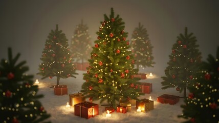 Obraz premium Illuminated christmas trees and wrapped presents create a festive holiday scene with soft ambient light