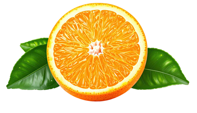 Sliced orange displays segments with leaves against a black void