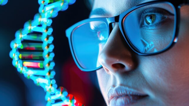 Scientist Woman Wearing Glasses Analyzing Dna Strand in Laboratory
