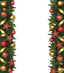 Christmas garland border with red gold ornaments holly and stars decoration