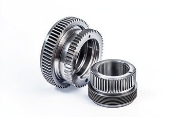 Naklejka premium Checked steel metal gears and outlined rings on white background, isolated composition, industrial product concept, mechanical engineering design