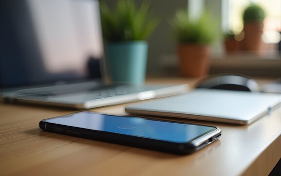 A close-up of a smartphone on a wooden desk, showcasing a secure password manager application. The soft focus in the background highlights a stylish home office environment, with personal touches