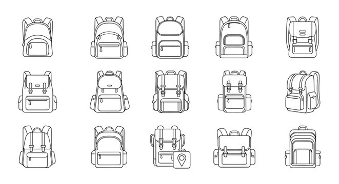 Collection of outline icons representing various school bags, tracking backpacks, and hiking rucksacks, featuring editable strokes and a clean, modern design suitable for infographics, articles