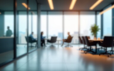 Blurred modern office interior with glass walls and meeting room. Bright corporate workspace with large windows. Clean business environment for conferences and teamwork. High quality